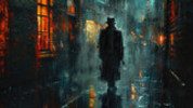 Silhouette mystérieuse sous la pluie urbaine