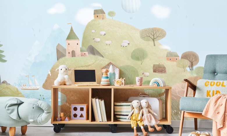 collines pastel et moutons dans un monde feerique papier peint pour la chambre denfant papiers peints demural
