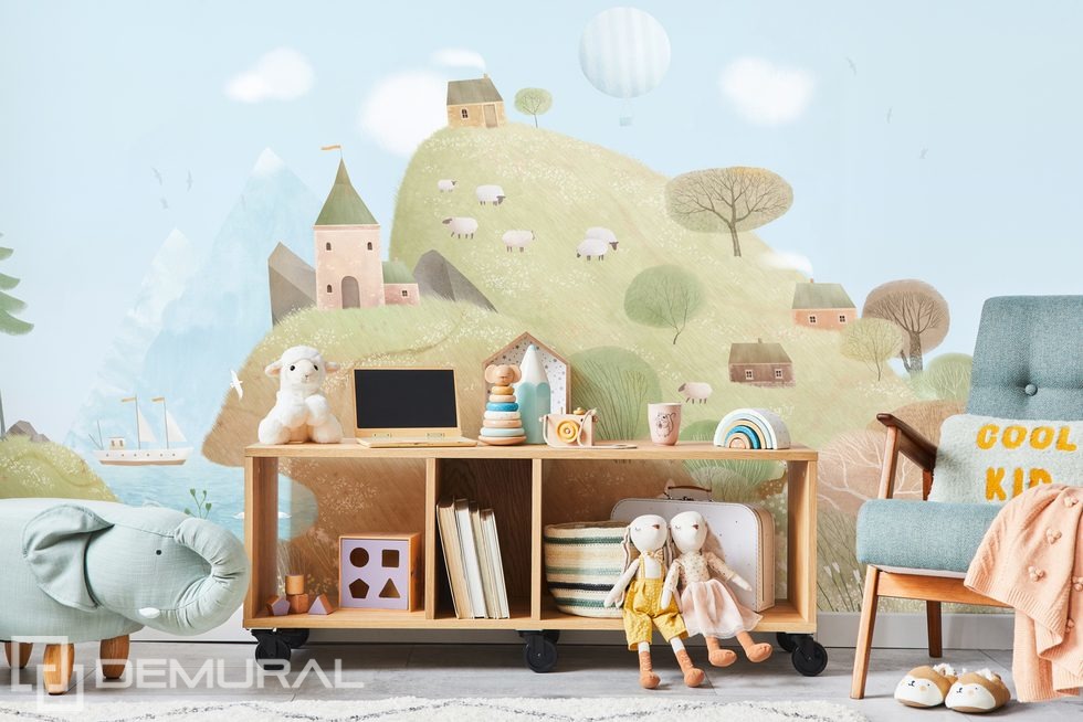 Collines pastel et moutons dans un monde féerique Papier peint pour la chambre d'enfant Papiers peints Demural
