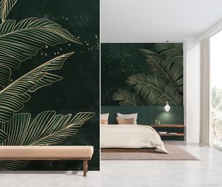 feuilles dorees sur fond emeraude tropical papier peint pour le chambres a coucher papiers peints demural