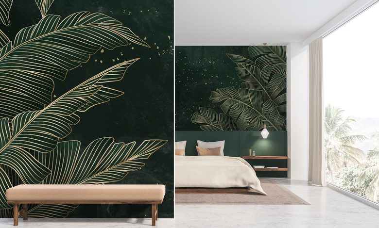 feuilles dorees sur fond emeraude tropical papier peint pour le chambres a coucher papiers peints demural