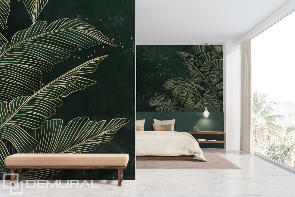 Feuilles dorées sur fond émeraude tropical Papier peint pour le chambres à coucher Papiers peints Demural