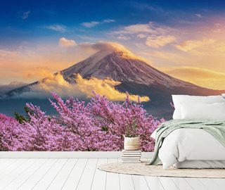 harmonie volcanique avec cerisier en fleurs papiers peints de paysage papiers peints demural