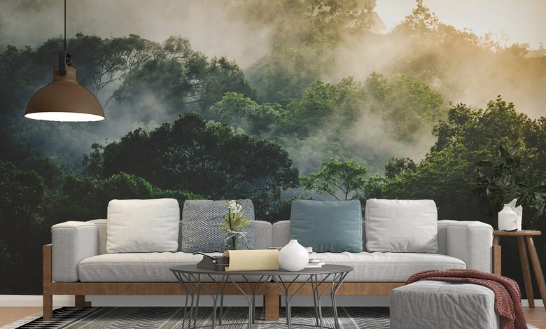 brume matinale sur la foret tropicale papier peint pour le salon papiers peints demural