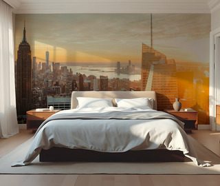 panorama urbain sous le soleil couchant dore papiers peints architecture papiers peints demural
