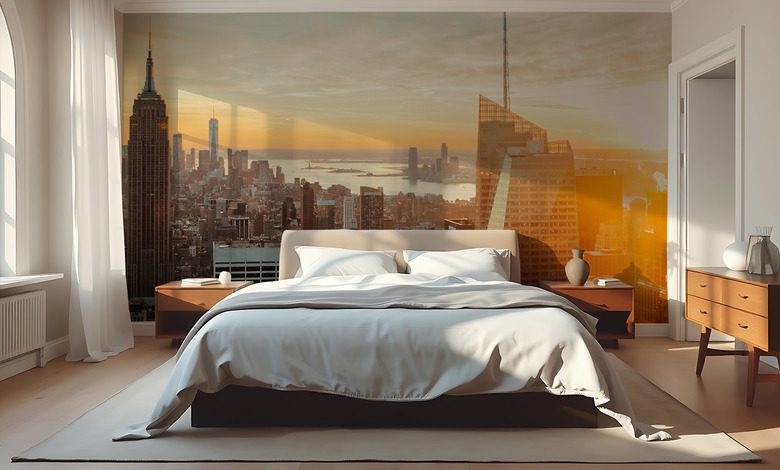 panorama urbain sous le soleil couchant dore papiers peints architecture papiers peints demural
