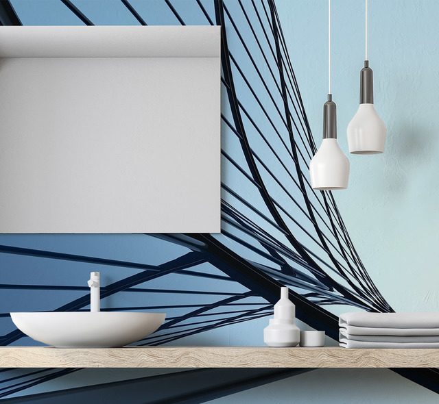 ligne architecturale abstraite en nuances de bleu papier peint pour la salle de bain papiers peints demural