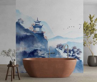 temple oriental en aquarelle bleutee papiers peints oriental papiers peints demural