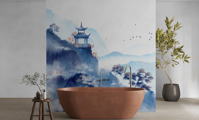 temple oriental en aquarelle bleutee papiers peints oriental papiers peints demural