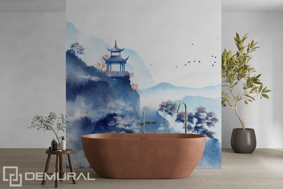 Temple oriental en aquarelle bleutée Papiers peints oriental Papiers peints Demural