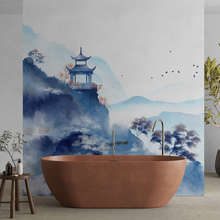 Temple-oriental-en-aquarelle-bleutee-papiers-peints-oriental-papiers-peints-demural
