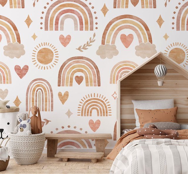 arcs en ciel pastel et petits coeurs pour bebe papier peint pour la chambre denfant papiers peints demural