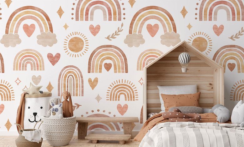 arcs en ciel pastel et petits coeurs pour bebe papier peint pour la chambre denfant papiers peints demural