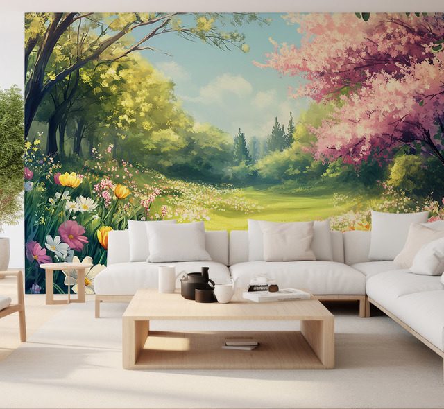 jardin printanier baigne de lumiere florale papier peint pour le salon papiers peints demural