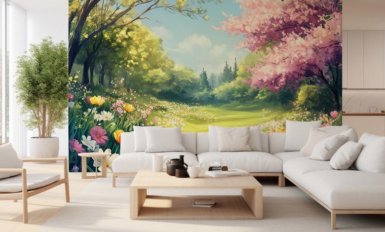 jardin printanier baigne de lumiere florale papier peint pour le salon papiers peints demural