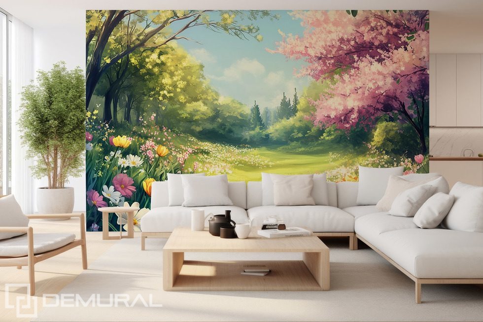Jardin printanier baigné de lumière florale Papier peint pour le salon Papiers peints Demural