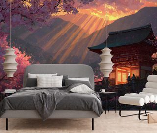 temple japonais dans la lumiere du coucher de soleil papiers peints oriental papiers peints demural