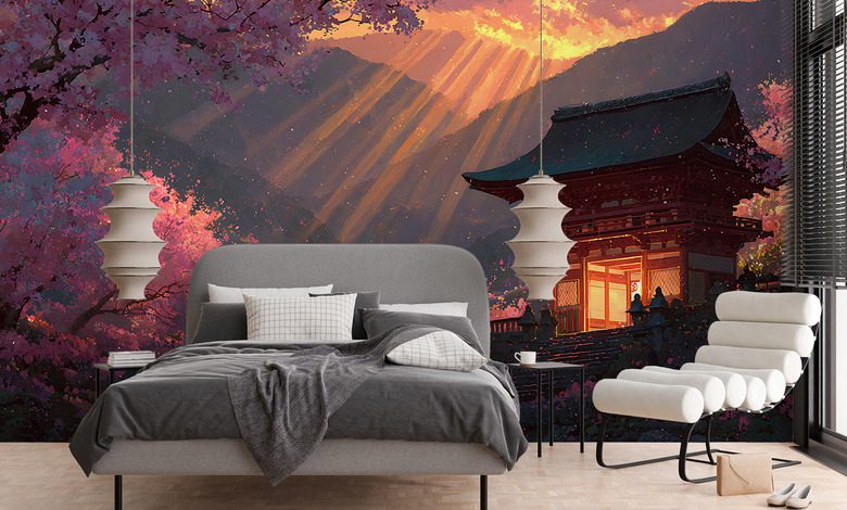 temple japonais dans la lumiere du coucher de soleil papiers peints oriental papiers peints demural