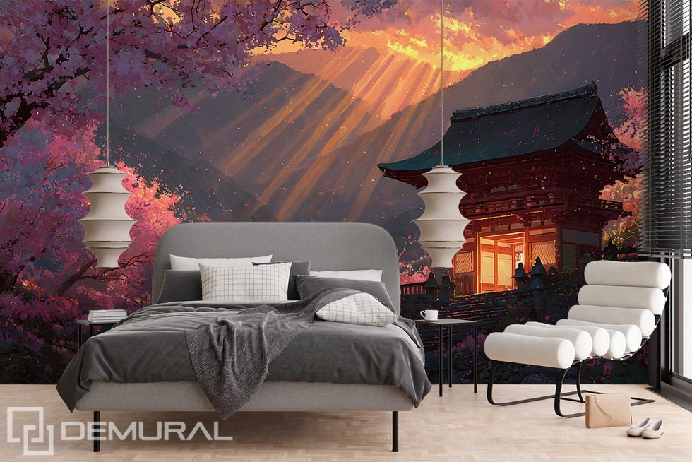 Temple japonais dans la lumière du coucher de soleil Papiers peints oriental Papiers peints Demural