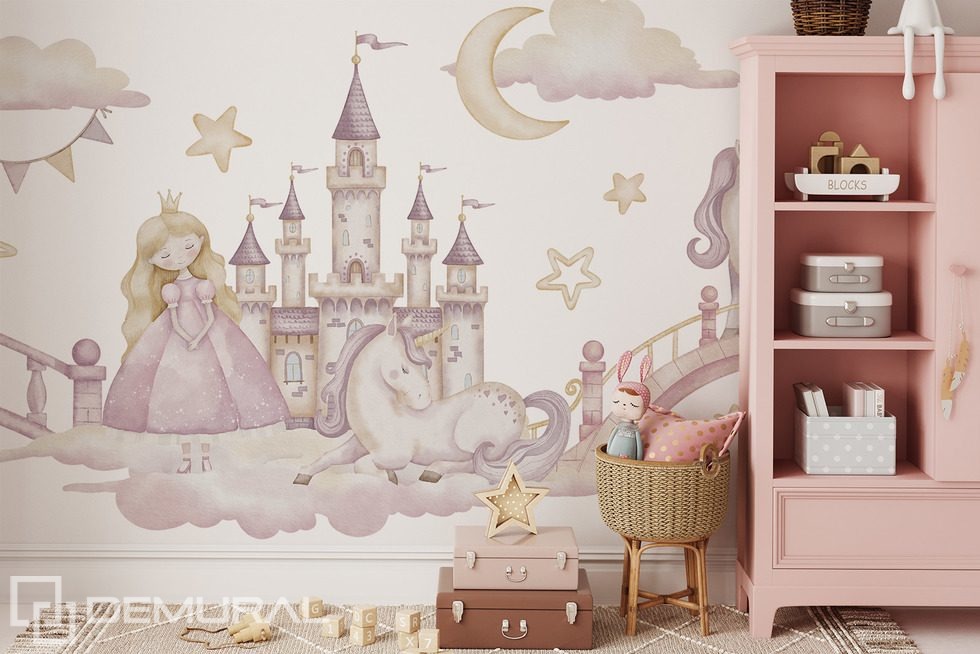 Château féerique avec princesse et licorne Papier peint pour la chambre d'enfant Papiers peints Demural