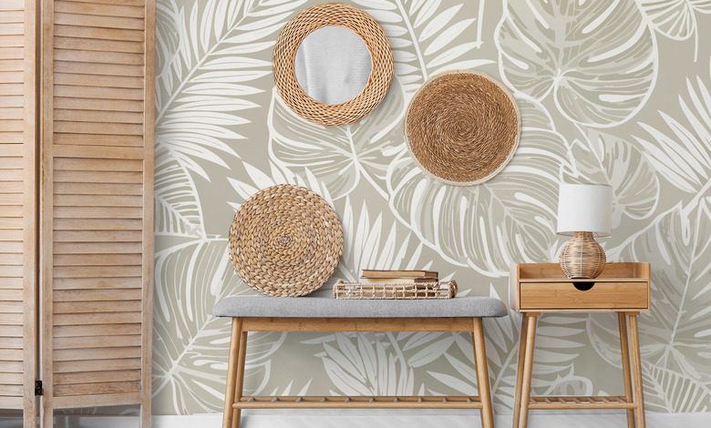 feuilles exotiques aux teintes naturelles papier peint pour le salon papiers peints demural