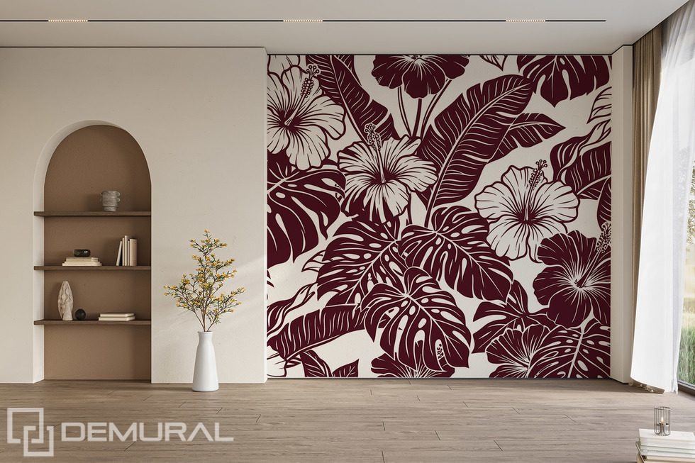 Hibiscus bordeaux dans une composition tropicale Papiers peints Fleurs Papiers peints Demural