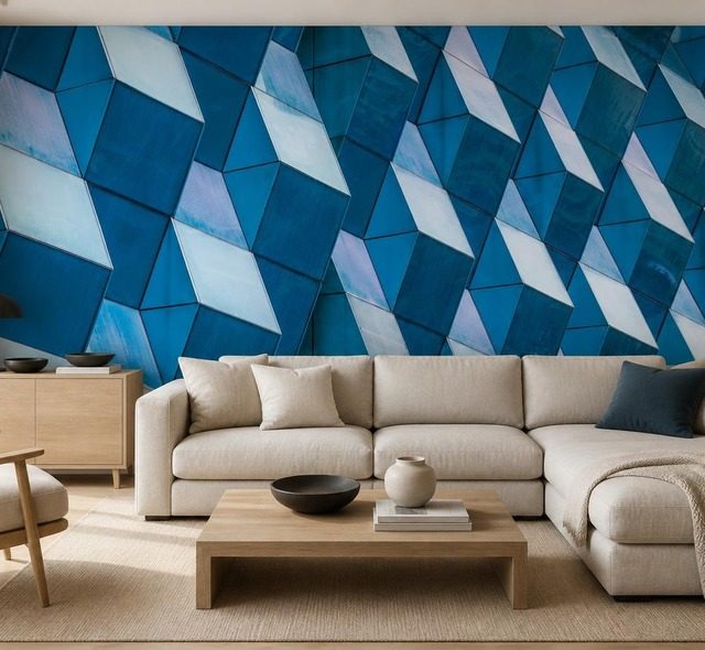 geometrie contrastee des panneaux spatiaux dans des nuances intenses de bleu papiers peints architecture papiers peints demural