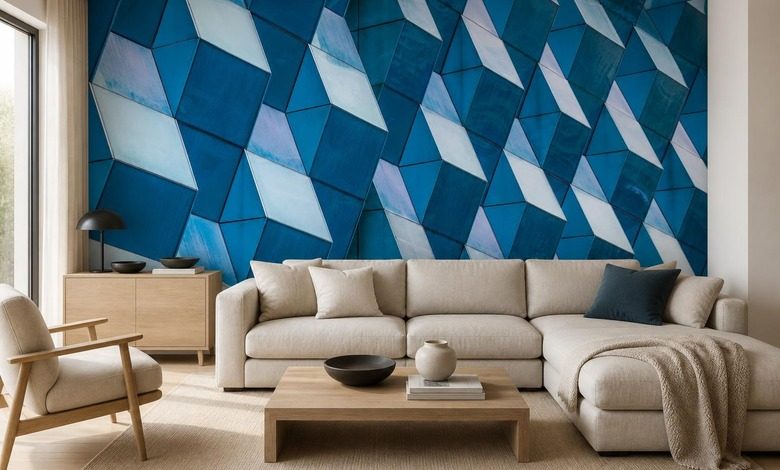 geometrie contrastee des panneaux spatiaux dans des nuances intenses de bleu papiers peints architecture papiers peints demural