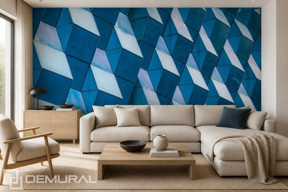 Géométrie contrastée des panneaux spatiaux dans des nuances intenses de bleu Papiers peints Architecture Papiers peints Demural