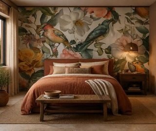 composition spatiale doiseaux et de fleurs papier peint pour le chambres a coucher papiers peints demural