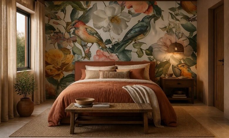 composition spatiale doiseaux et de fleurs papier peint pour le chambres a coucher papiers peints demural