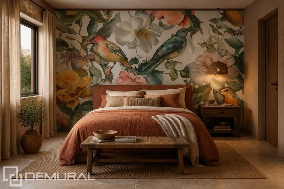 Composition spatiale d'oiseaux et de fleurs Papier peint pour le chambres à coucher Papiers peints Demural
