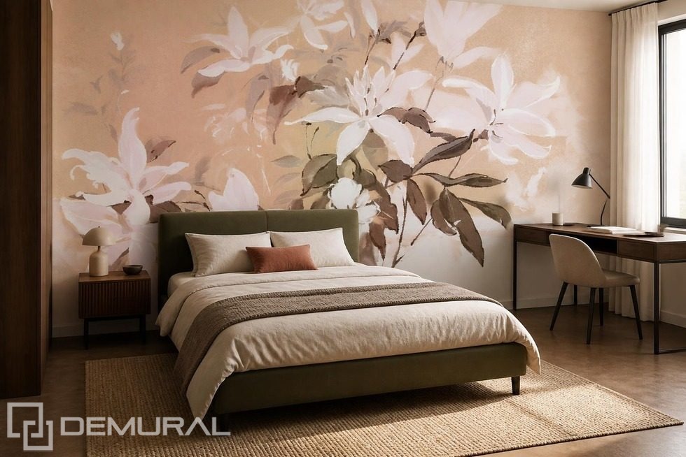 Jeu délicat de lumière sur un motif floral Papier peint pour le chambres à coucher Papiers peints Demural