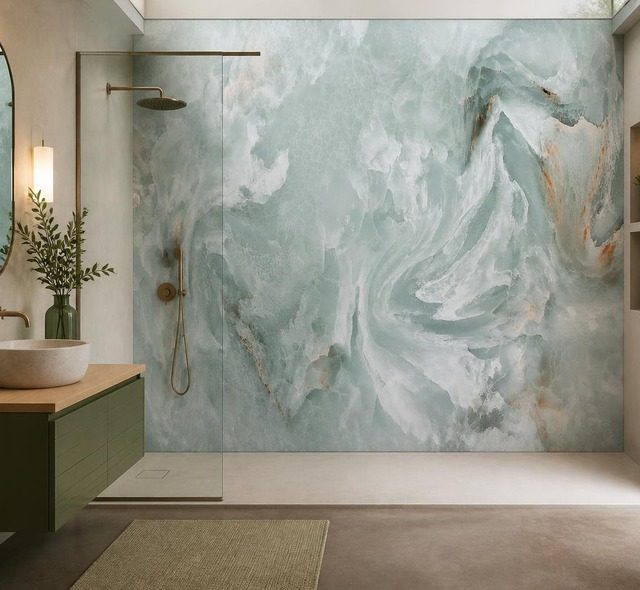 tons verts delicats dans un motif marbre papier peint pour la salle de bain papiers peints demural