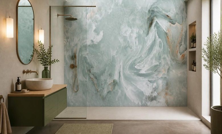 tons verts delicats dans un motif marbre papier peint pour la salle de bain papiers peints demural