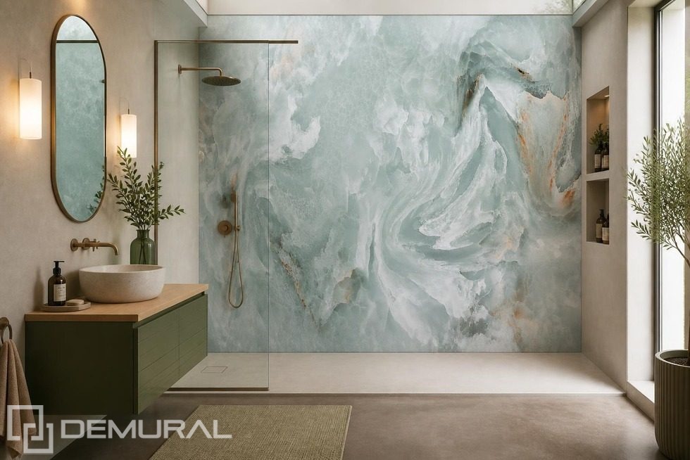 Tons verts délicats dans un motif marbré Papier peint pour la salle de bain Papiers peints Demural