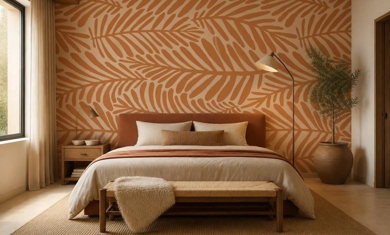 rythme chaleureux du motif vegetal sur le mur papier peint pour le chambres a coucher papiers peints demural