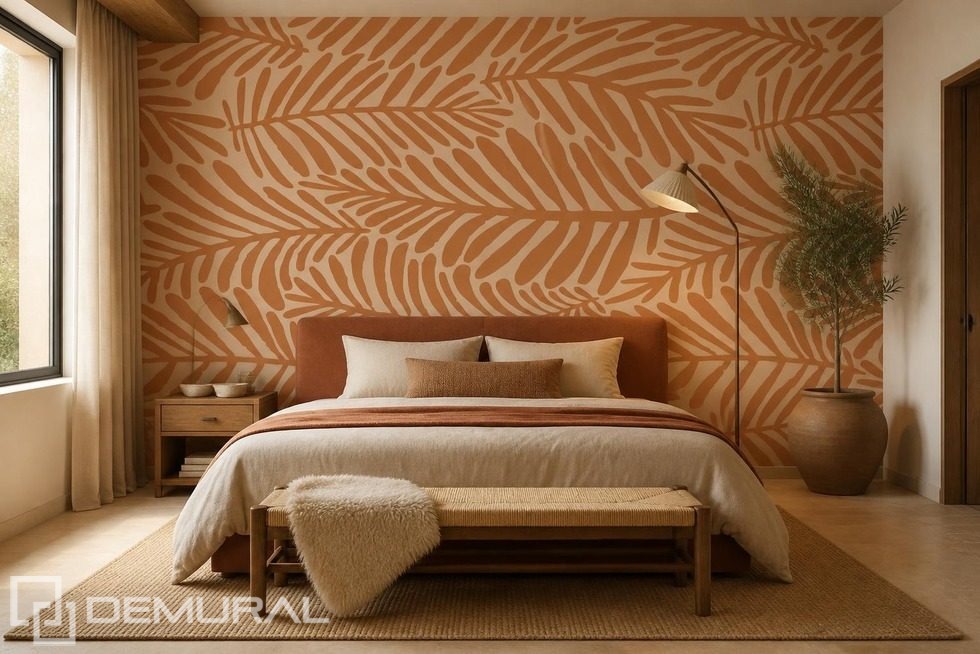 Rythme chaleureux du motif végétal sur le mur Papier peint pour le chambres à coucher Papiers peints Demural