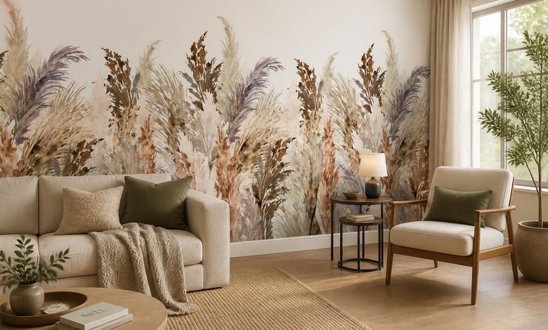 decoration elegante avec des herbes de la pampa papier peint pour le salon papiers peints demural