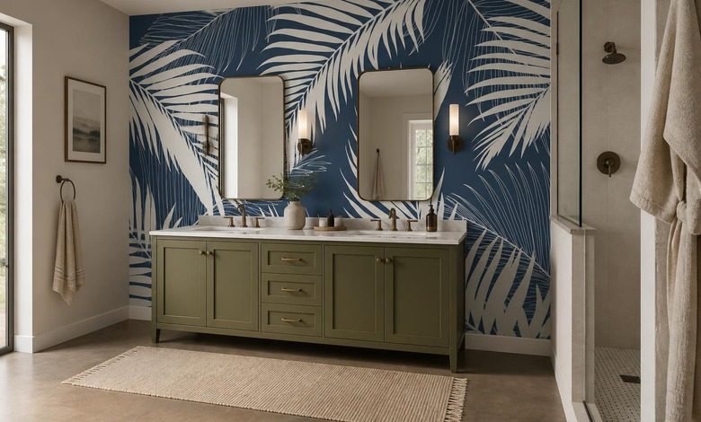 fond bleu marine avec motif blanc de feuilles de palmier papier peint pour la salle de bain papiers peints demural
