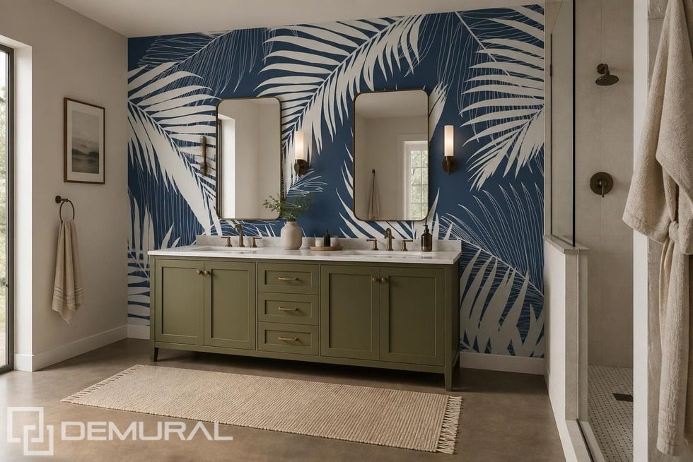 Fond bleu marine avec motif blanc de feuilles de palmier Papier peint pour la salle de bain Papiers peints Demural