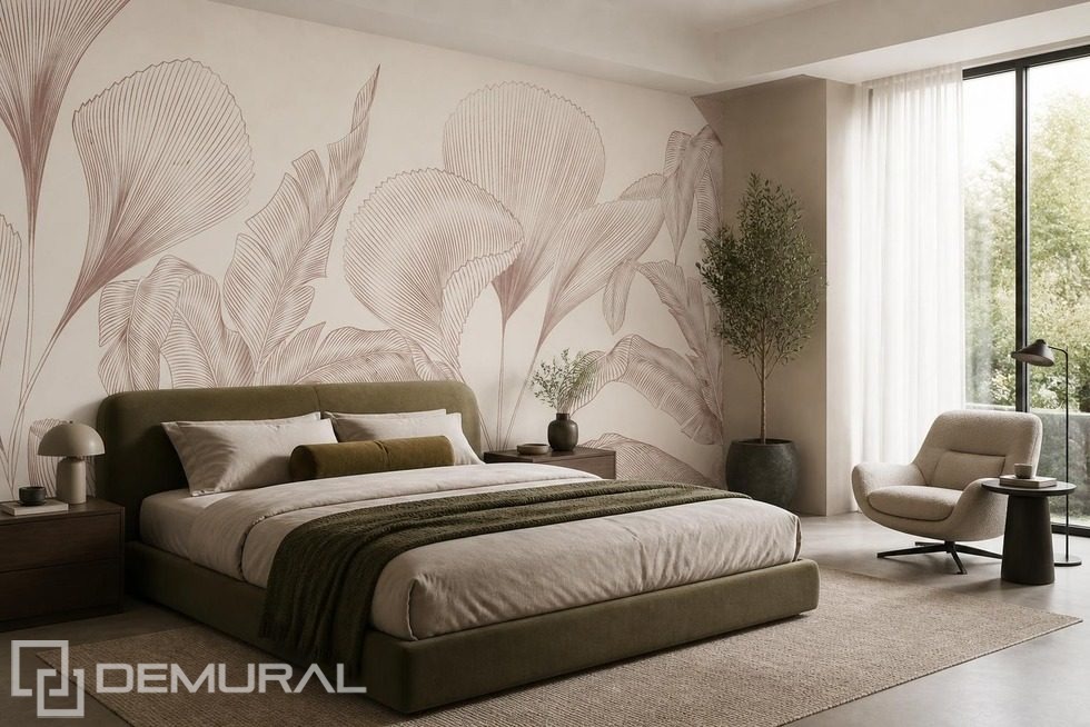 Motif minimaliste de feuilles dans une palette sobre Papier peint pour le chambres à coucher Papiers peints Demural