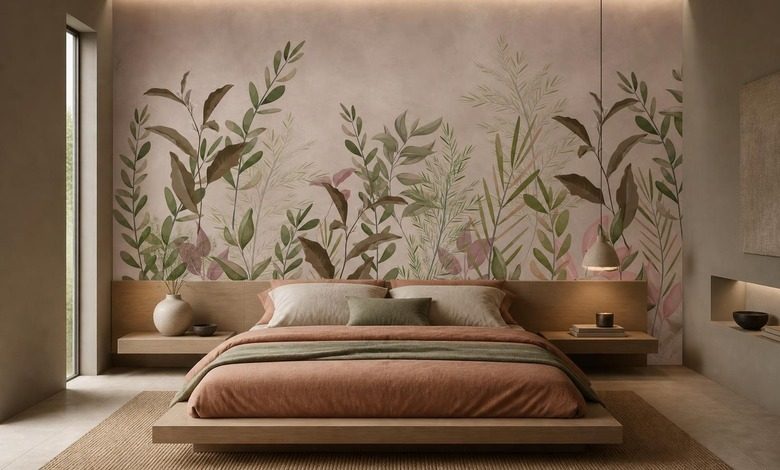 contraste des feuilles chaudes et du fond frais papier peint pour le chambres a coucher papiers peints demural