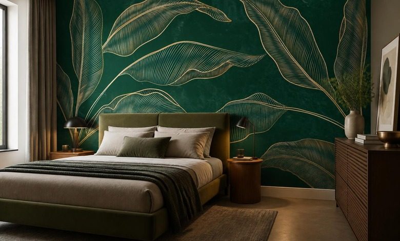 composition etalee de feuilles dorees sur fond sombre papier peint pour le chambres a coucher papiers peints demural