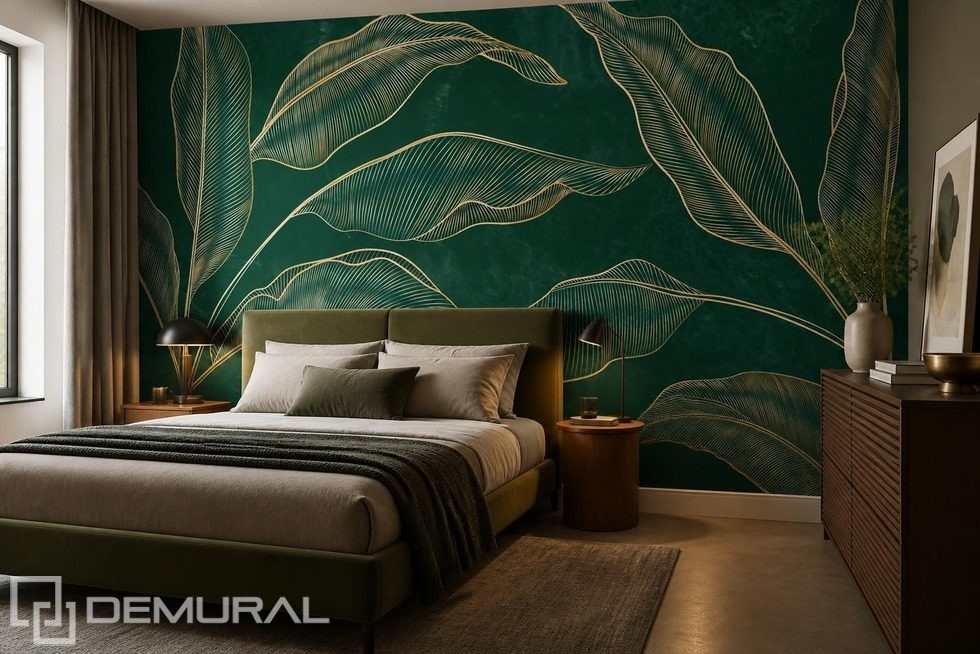 Composition étalée de feuilles dorées sur fond sombre Papier peint pour le chambres à coucher Papiers peints Demural