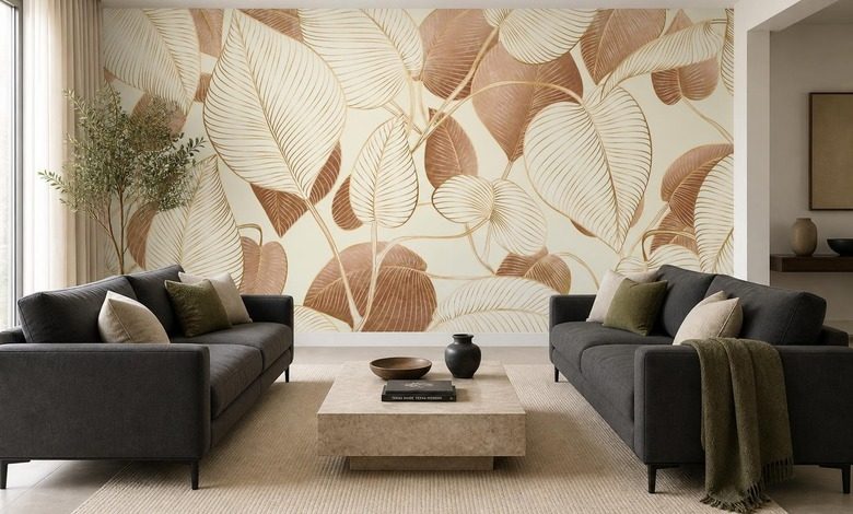 une lumiere subtile souligne le motif feuillu papier peint pour le salon papiers peints demural