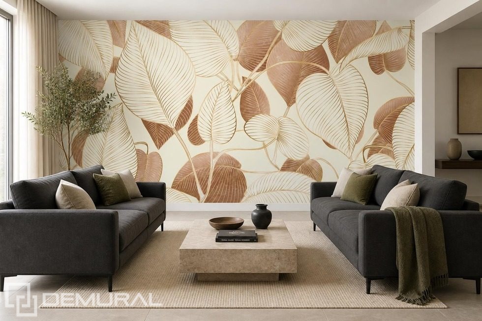 Une lumière subtile souligne le motif feuillu Papier peint pour le salon Papiers peints Demural