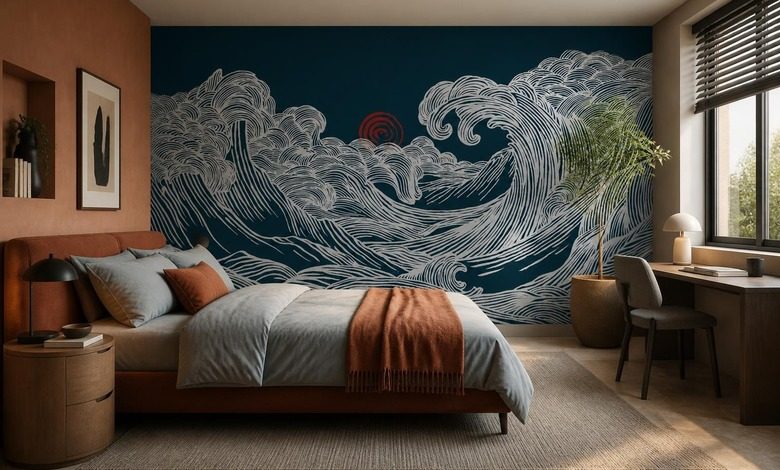 lumiere du coucher de soleil sur un motif ondulant papier peint pour le chambres a coucher papiers peints demural