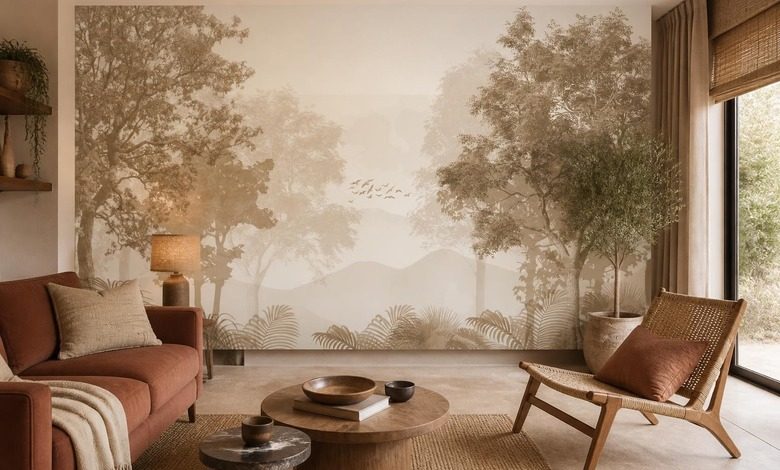 contraste naturel entre tons chauds et froids papier peint pour le salon papiers peints demural