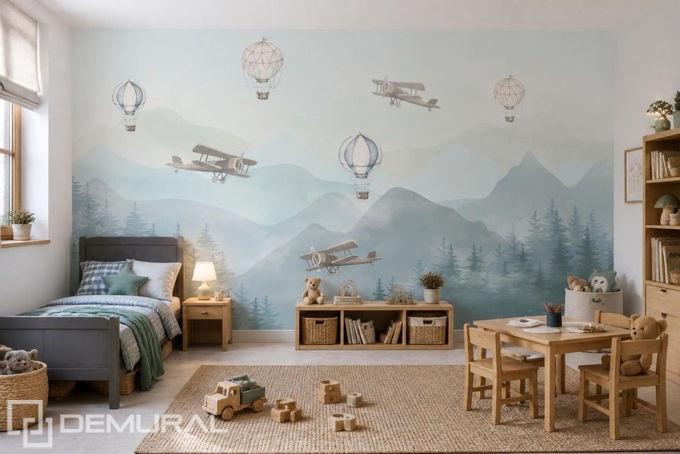 Contraste des ballons délicats et du paysage montagneux Posters pour chambre d'enfant Affiches Demural